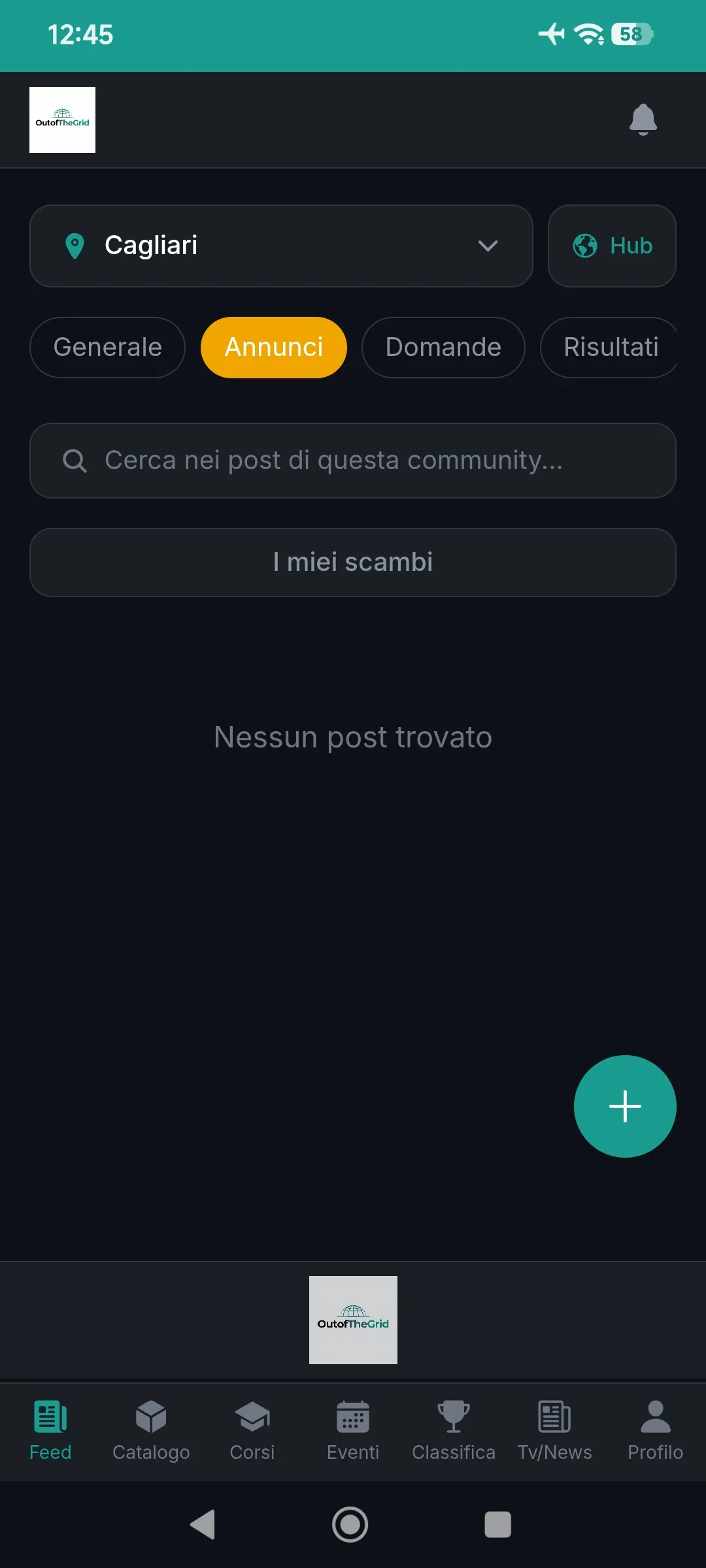 Bacheca della community OutOfTheGrid con categorie, ricerca dei post e scambi locali